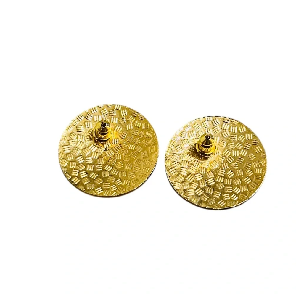 Black Floral Cloisonné Round Stud Earrings with Gold Accents